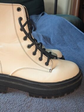 Cream Lace-Up Combat Boots with Black Lug Sole
